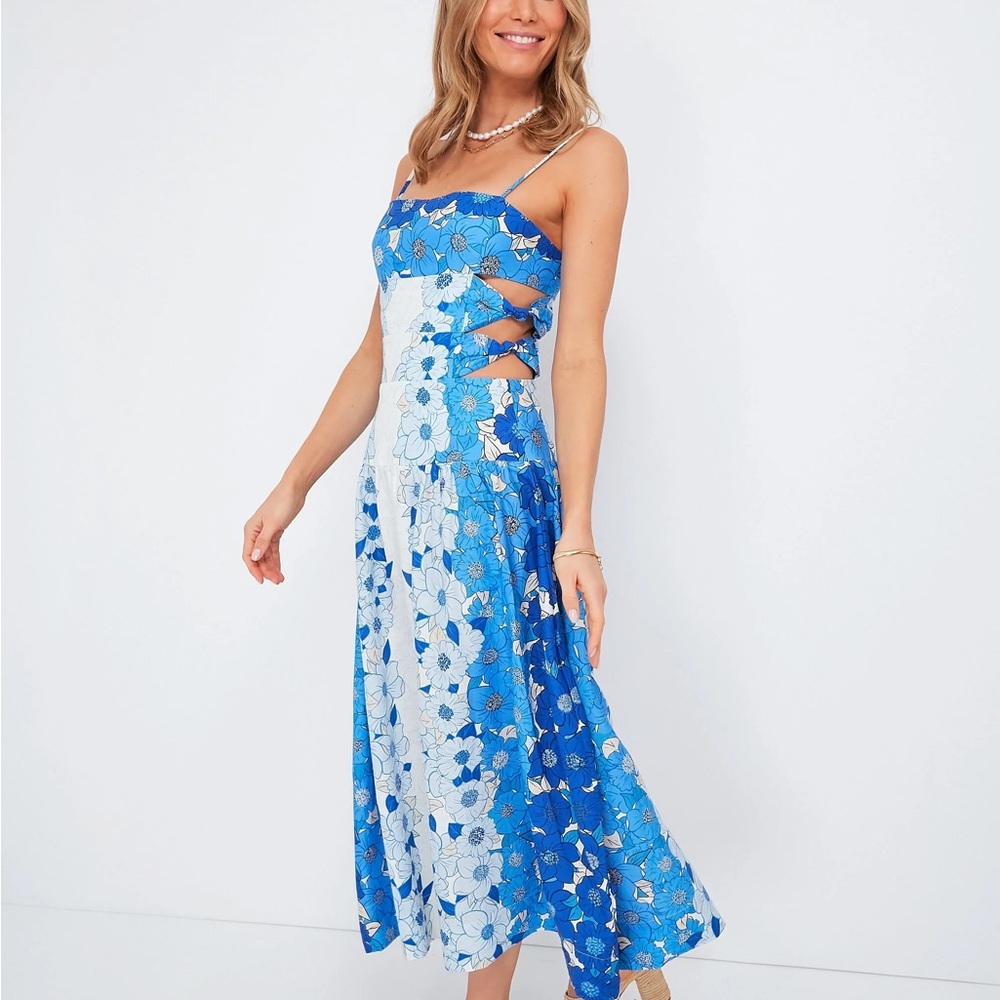 FARM RIO Blue Flower Stripes Midi Dress - Size M, Like New, Worn 1x